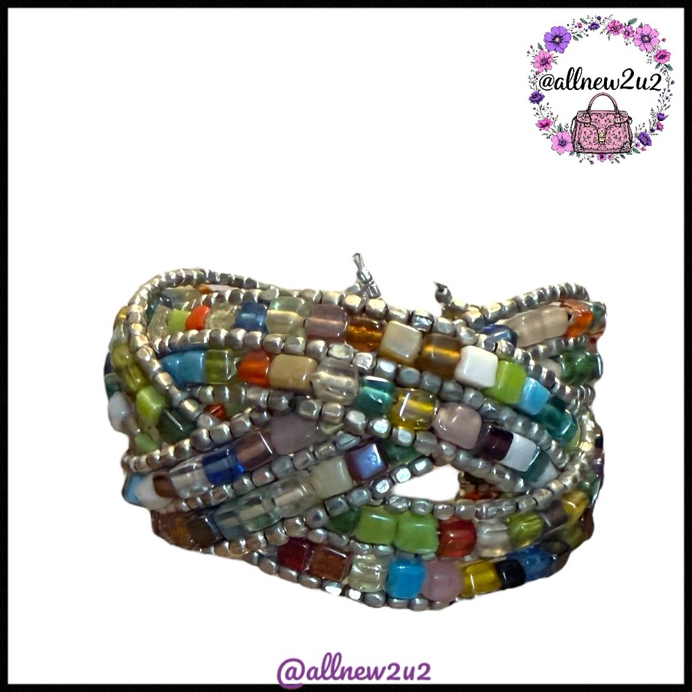 Handmade Boho Multicolor Beaded Cuff Bracelet - Picture 3 of 11